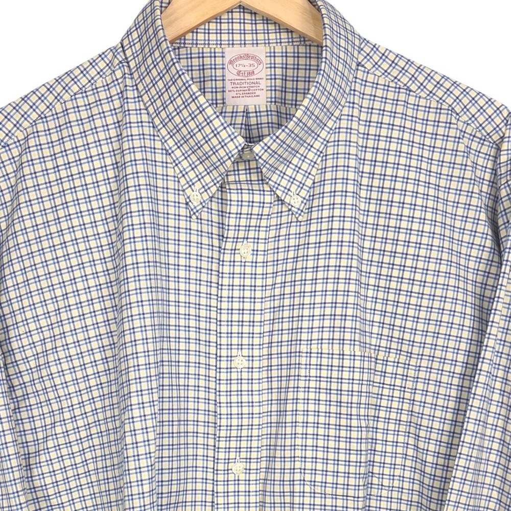 Brooks Brothers Dress Shirt Men 17.5-35 Blue Yellow Plaid Stretch Traditional